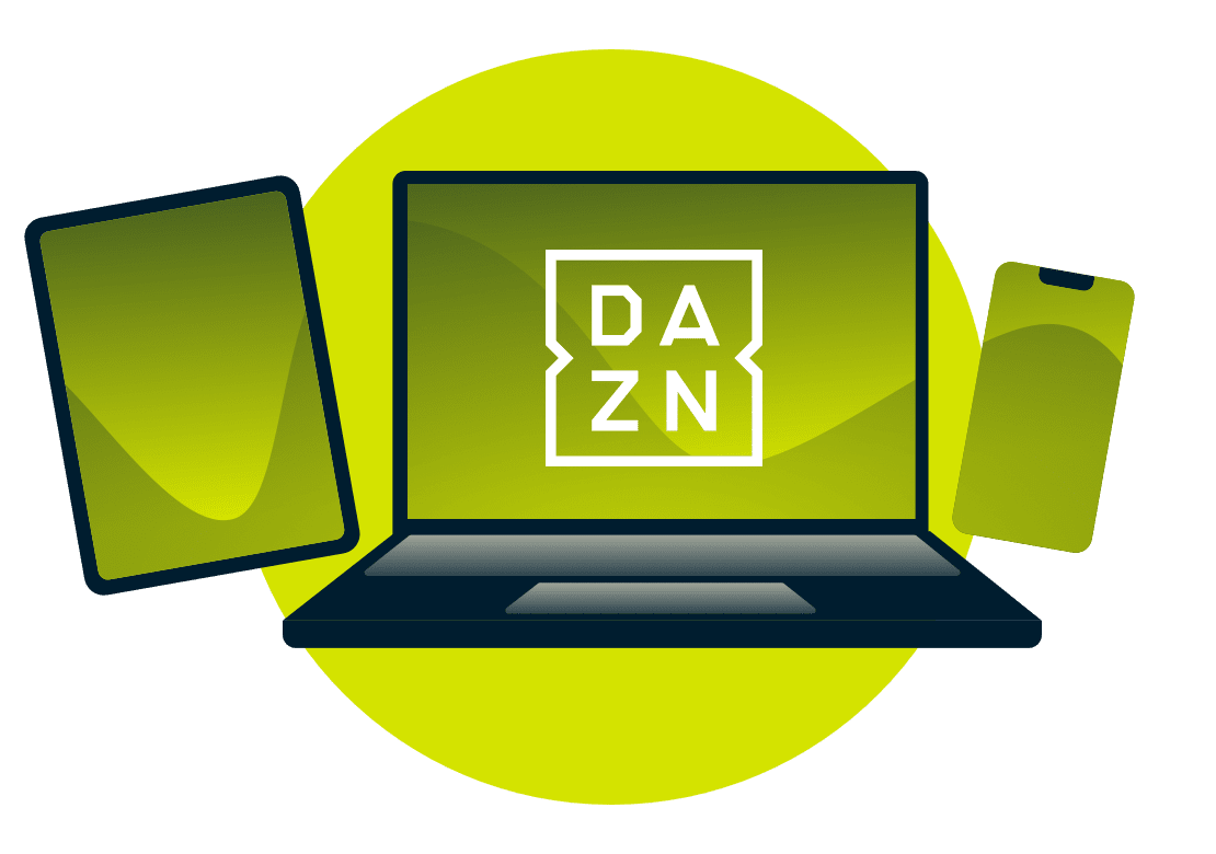 Un computer portatile, tablet e telefono, con il logo DAZN.