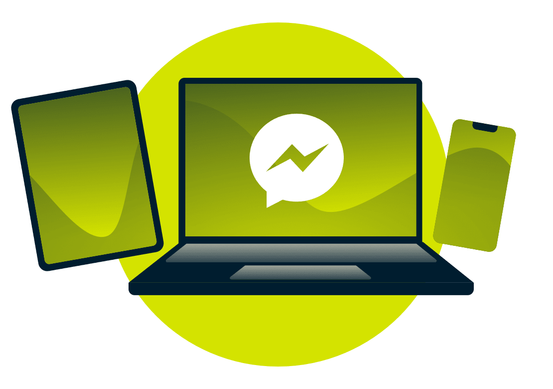 Un computer portatile, un tablet e un telefono, con il logo di Facebook Messenger.