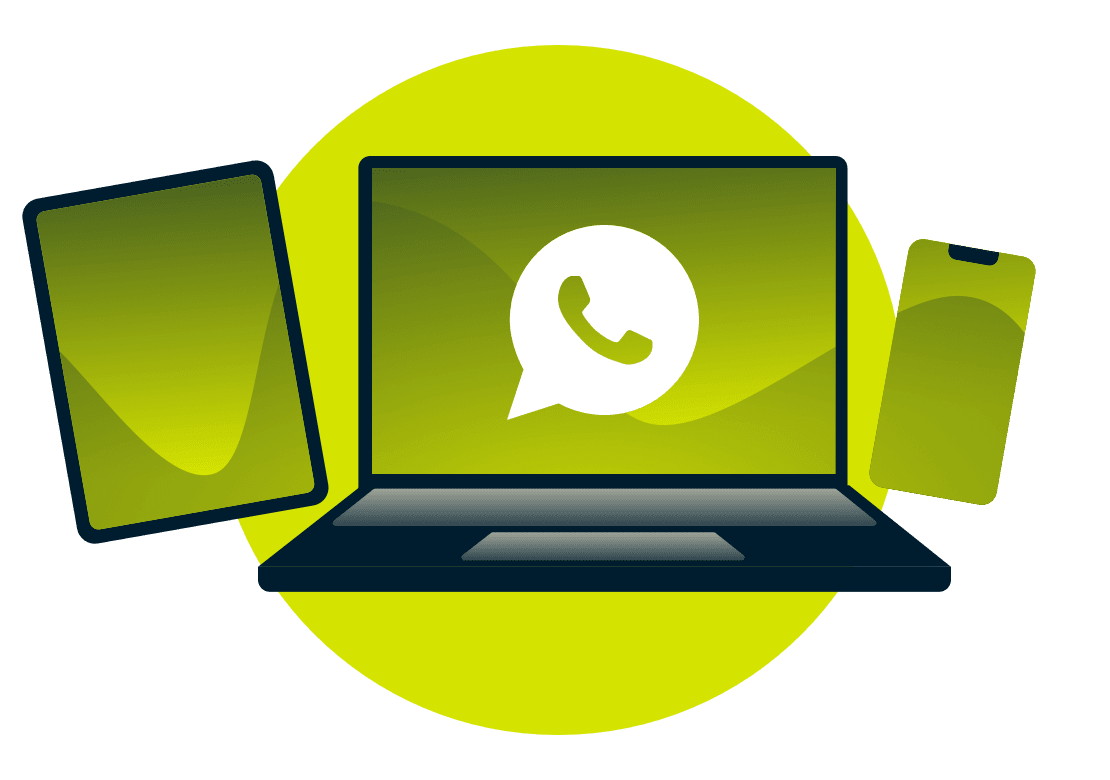 Um computador port&aacute;til, tablet e telefone, com o log&oacute;tipo WhatsApp.